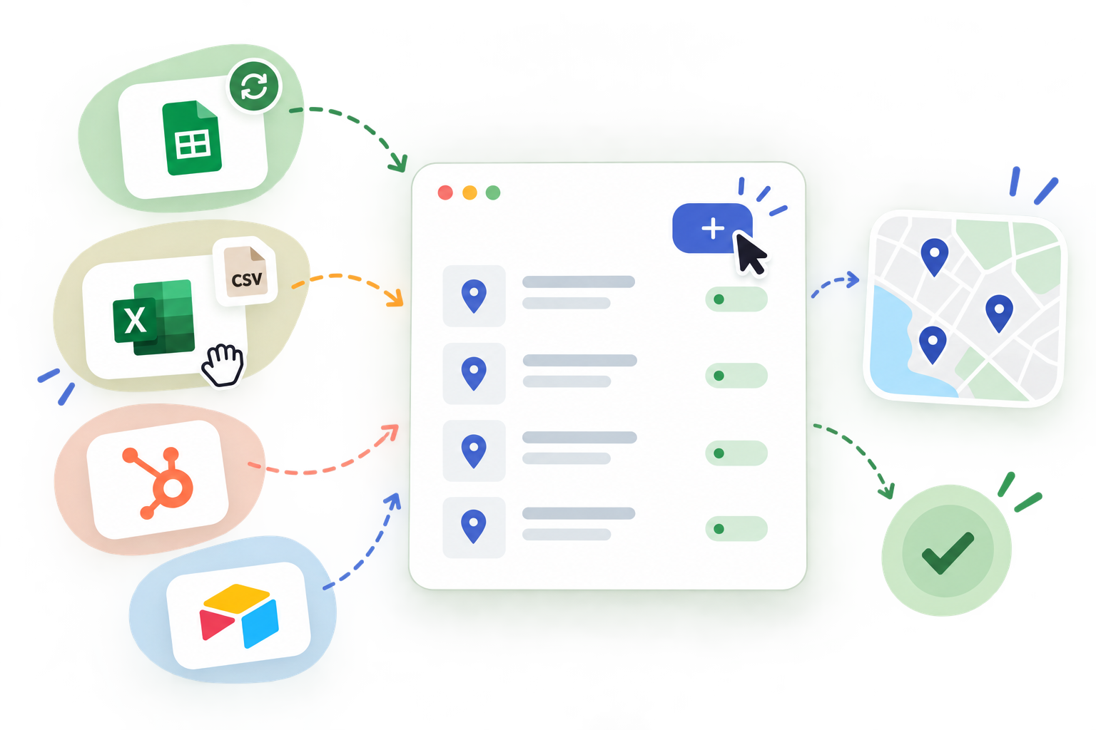 Illustration of importing and syncing locations from connected tools to a store locator map.