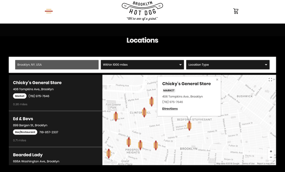 Brooklyn Hot Dog Company restaurant locator with location type filtering between bars, restaurants, and markets