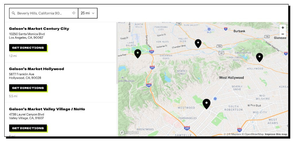 Dirty Is Better product locator showing Gelson's markets carrying its greens, with addresses and directions