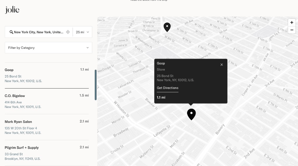 Jolie showroom finder with serif typography and a map styled to match its website
