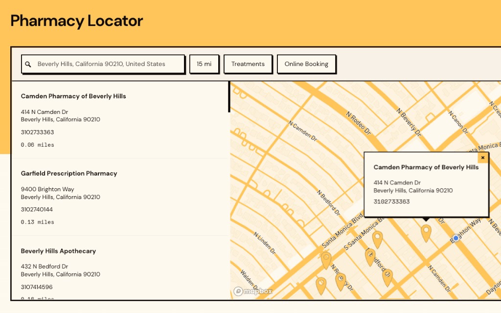 Scripted pharmacy locator with amber styling, treatment filters and booking options