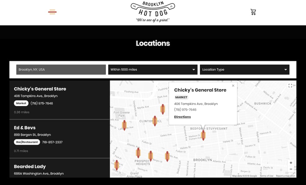 Brooklyn Hot Dog Company store locator on Shopify