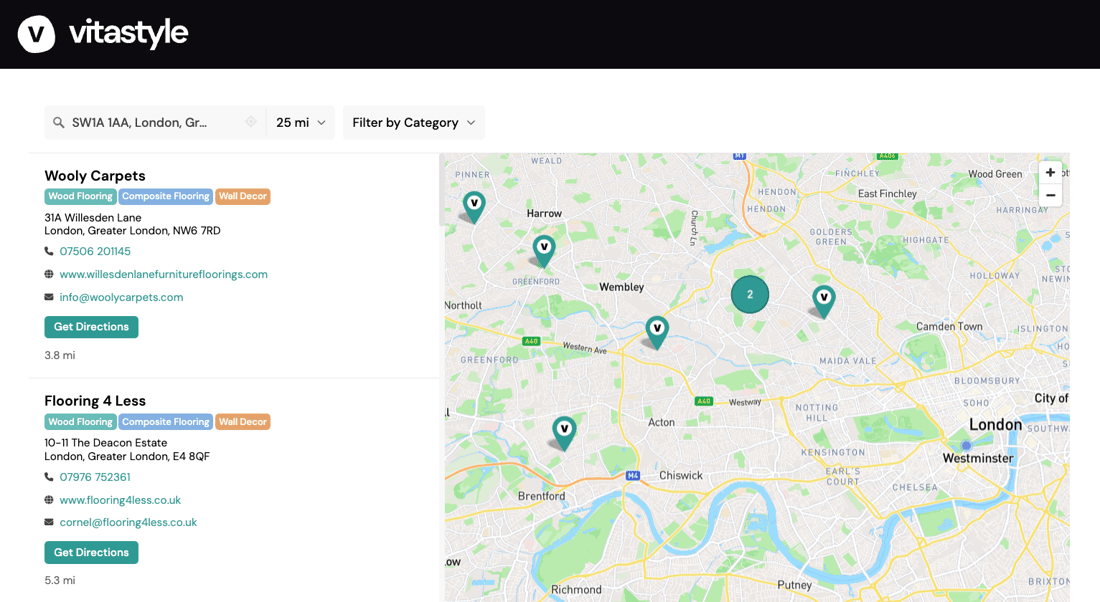 Vita Style stockist locator showing UK flooring and wall decor dealers with product category filtering