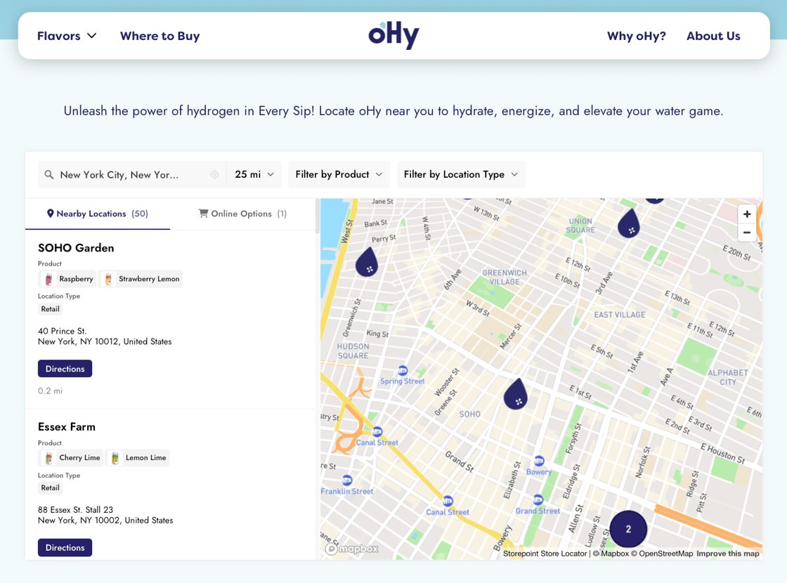 oHy store locator with product filters, nearby stores, and directions on a map.