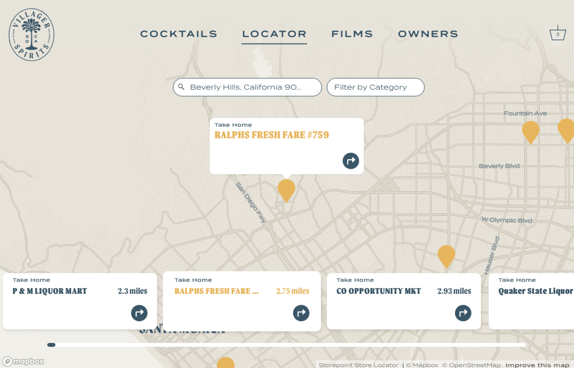 A branded store locator on a desktop: Villager Spirits' bottle finder, a full-width map of nearby stockists with a category filter and a card for each store