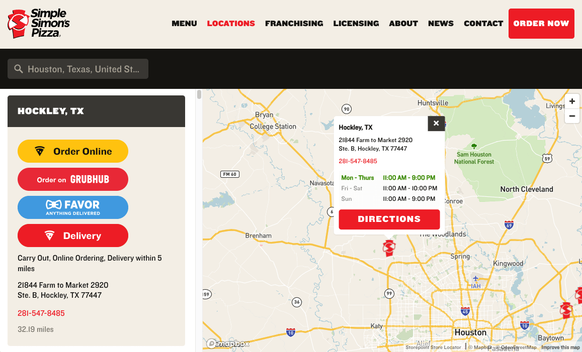 Simple Simon's Pizza franchise restaurant locator with menu access and delivery service ordering links per location