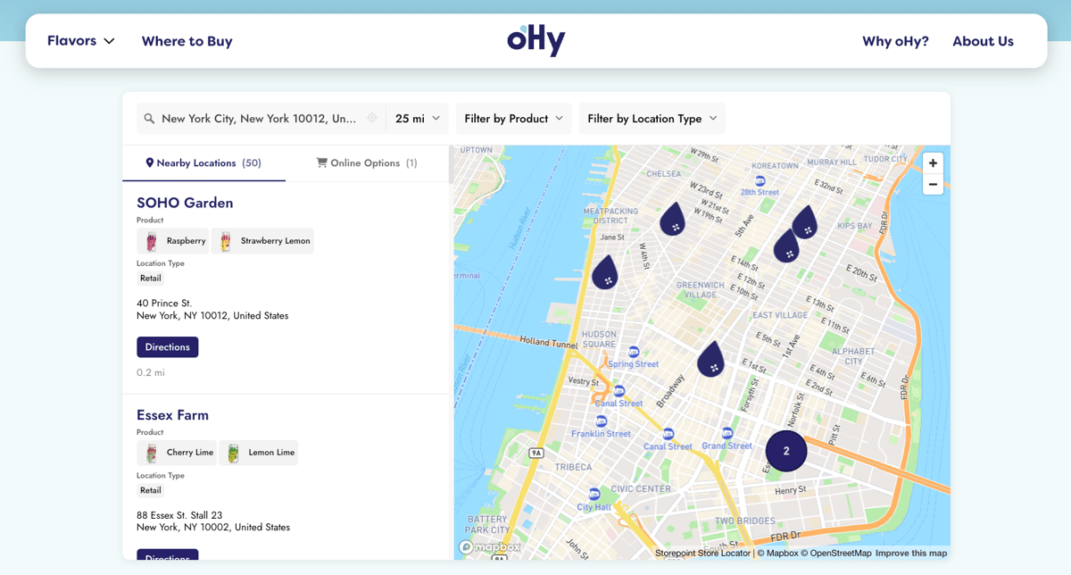 oHy product locator on Shopify