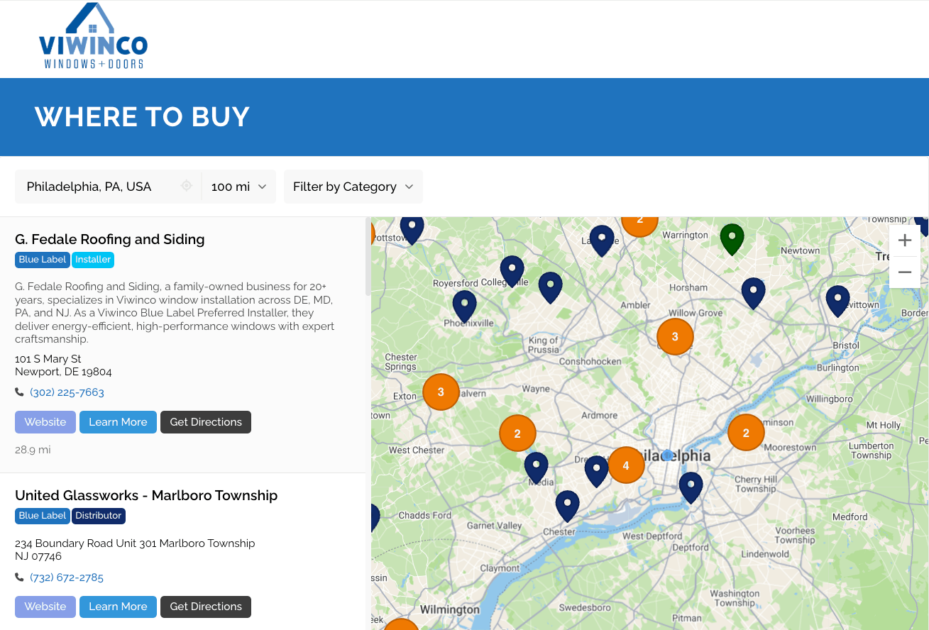 Viwinco Windows dealer locator with filters for contractors, installers, and dealers, plus a separate pre-filtered Blue Label preferred installer locator