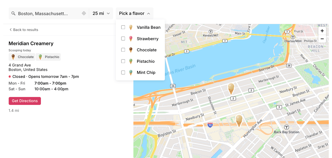 Storepoint ice cream product locator demo with illustrated flavor filters, product image tags, custom ice cream map markers, and a location's opening hours and closed status