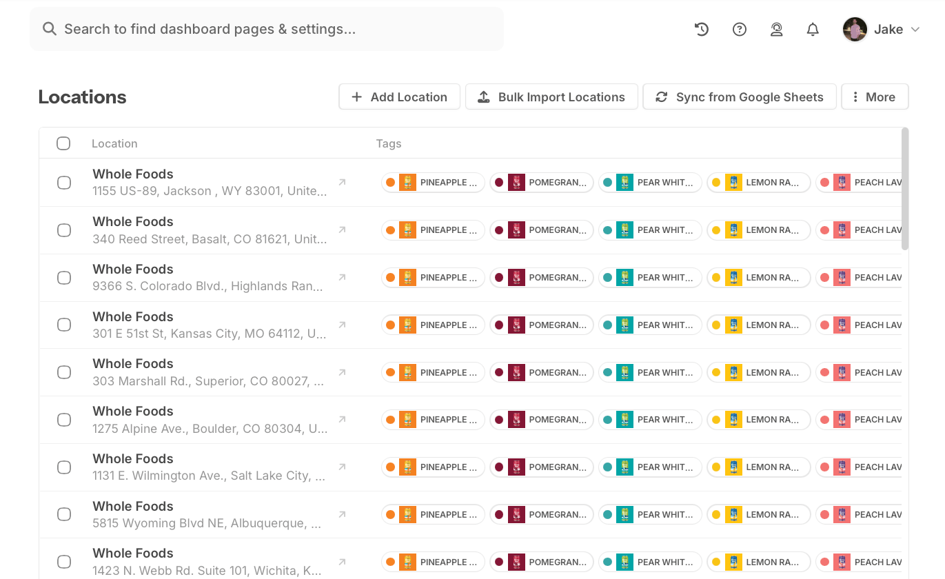 Storepoint dashboard for managing an Unbounce store locator, with location editing, spreadsheet import, and Google Sheets sync