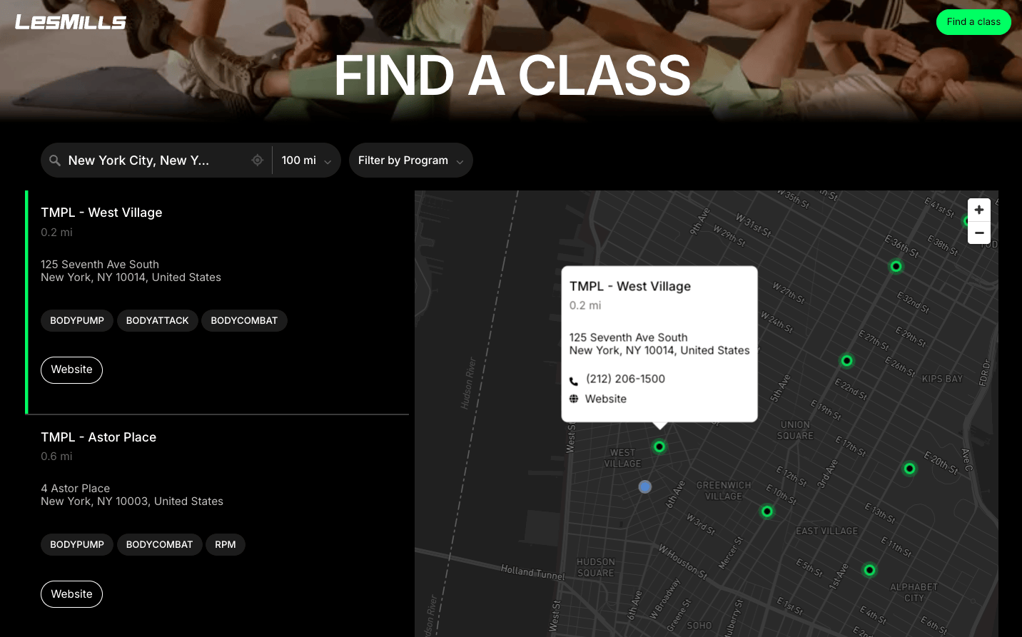 Les Mills gym and fitness class locator with program filters and a dark map