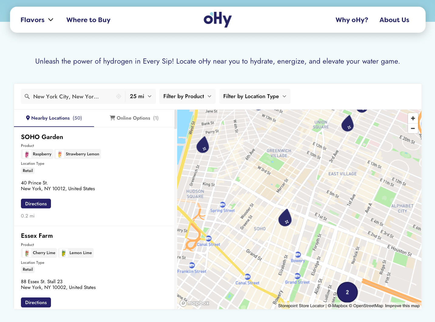 oHy store locator with product filters, nearby stores, and directions on a map.