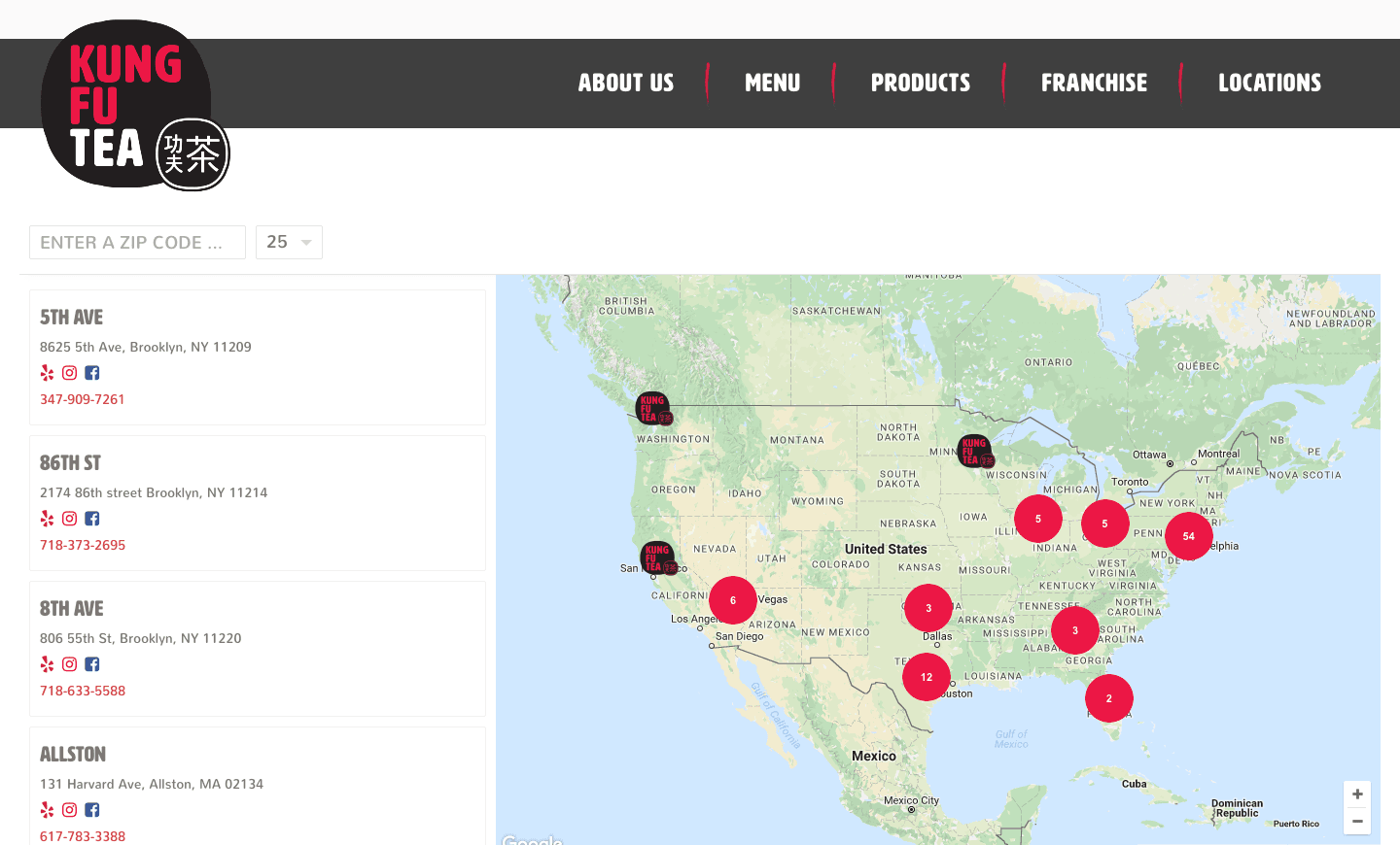 Kung Fu Tea franchise store locator using marker clustering to organize hundreds of locations with custom fonts and branded pins
