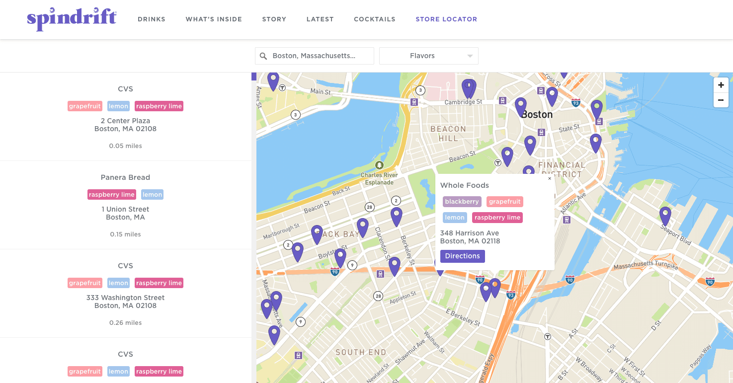 Spindrift where-to-buy store locator with brand-matched fonts and color-coded flavor tags on each location, built with Storepoint