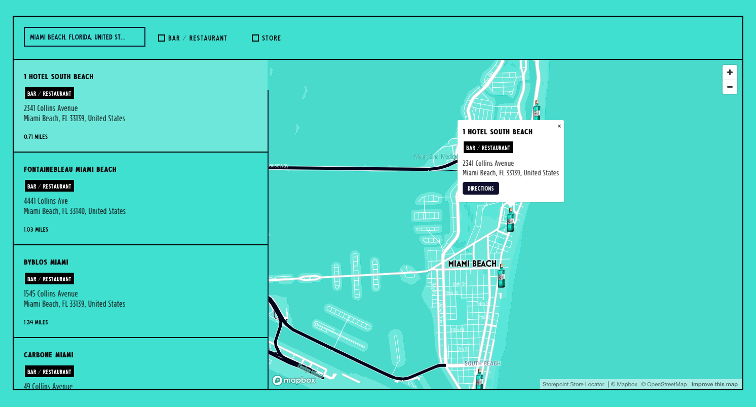 Mount Rigi store locator with turquoise brand palette, color-matched scrollbar, solid border treatment, and custom filter checkboxes