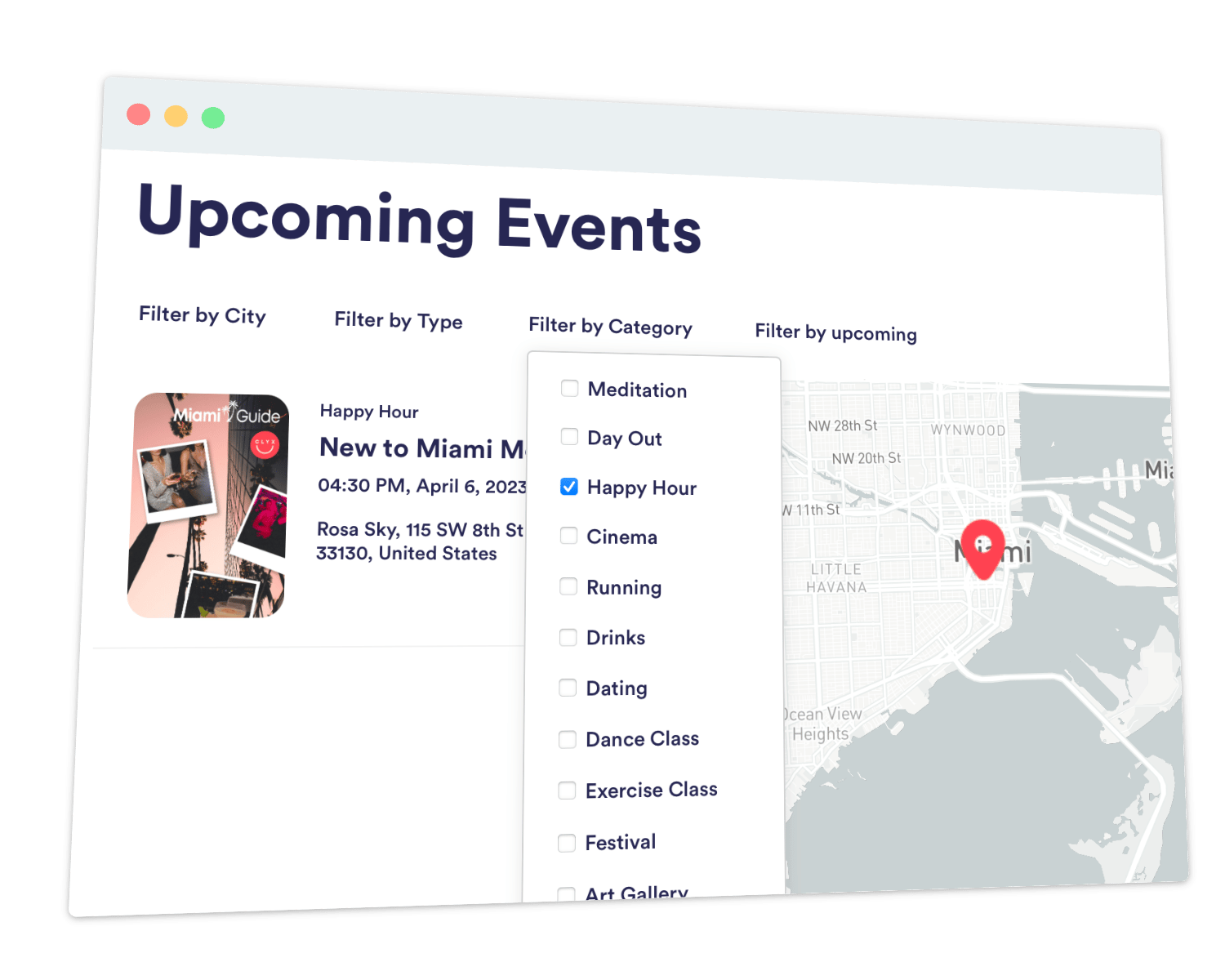 Storepoint events directory with city and category filters, event details, and a map of Miami.