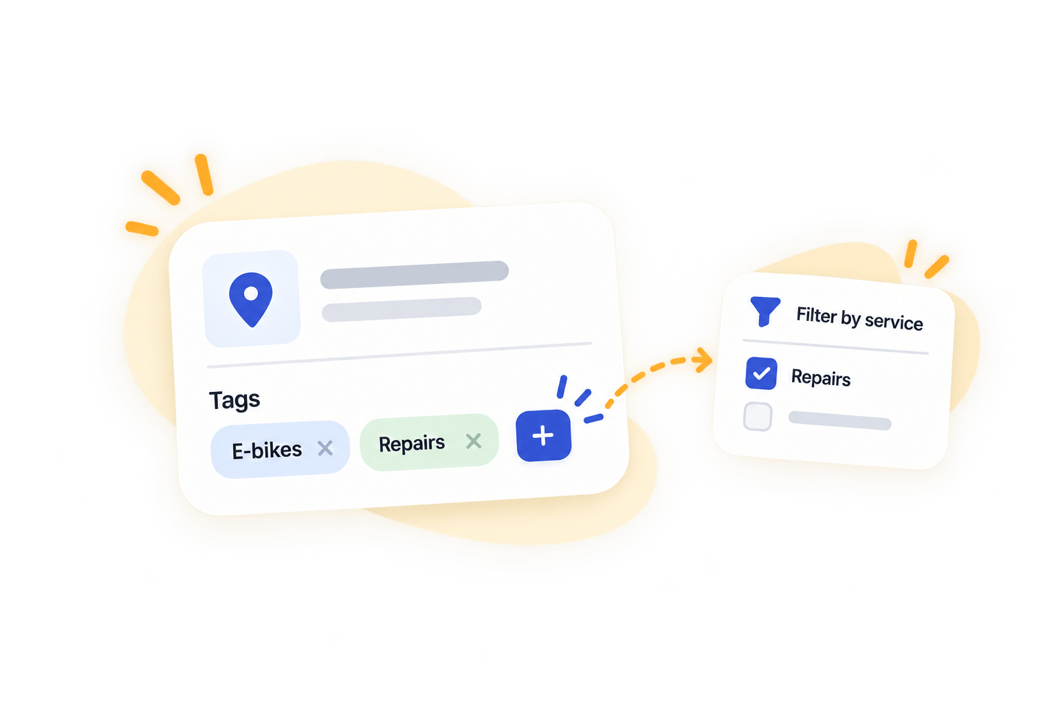 Illustration of E-bikes and Repairs tags added to a location, with Repairs appearing in a service filter.