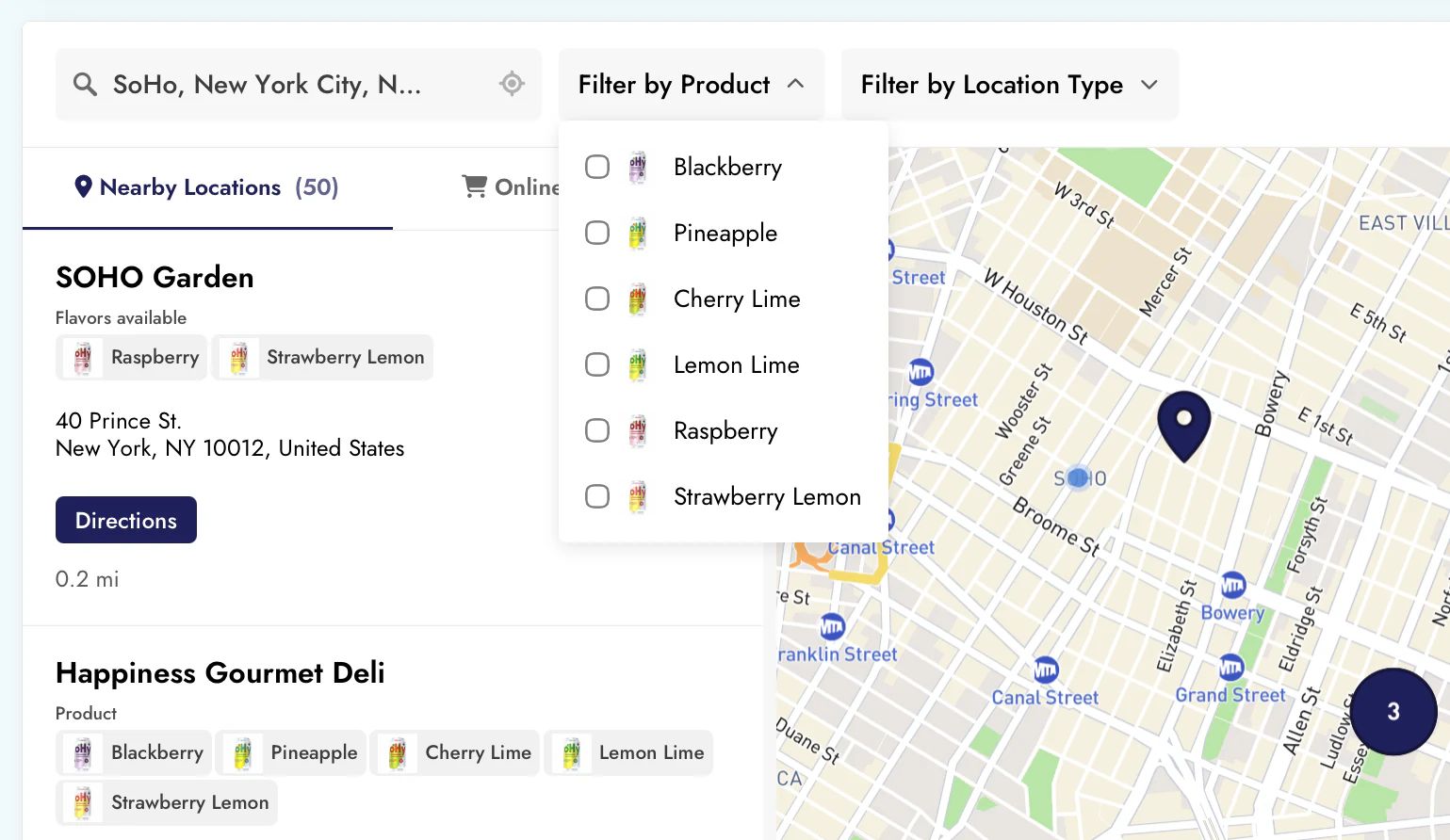 Store locator with an open product filter, product photo tags on location cards, a location type filter, and map markers.