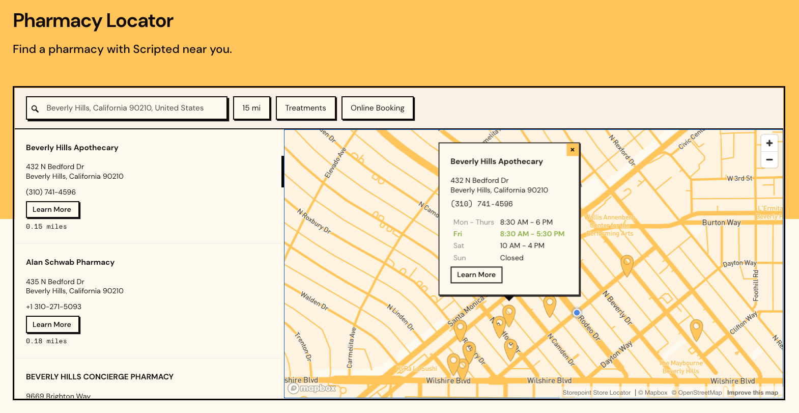 Scripted pharmacy locator with brand-matched design, treatment filters, online booking availability, and custom map theme