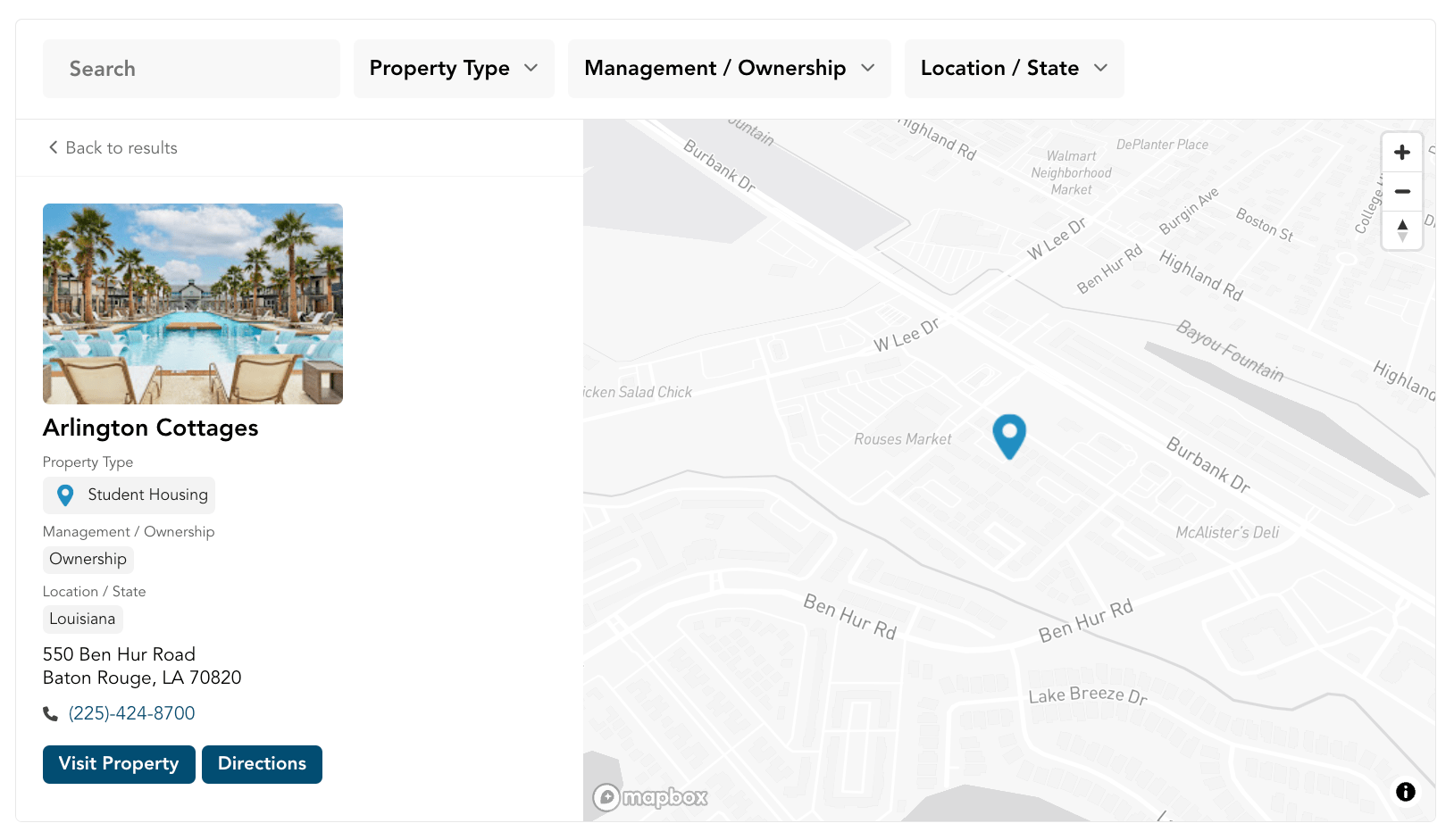 Coastal Ridge property directory with keyword search, multi-attribute filters, image per listing, and custom action button per property