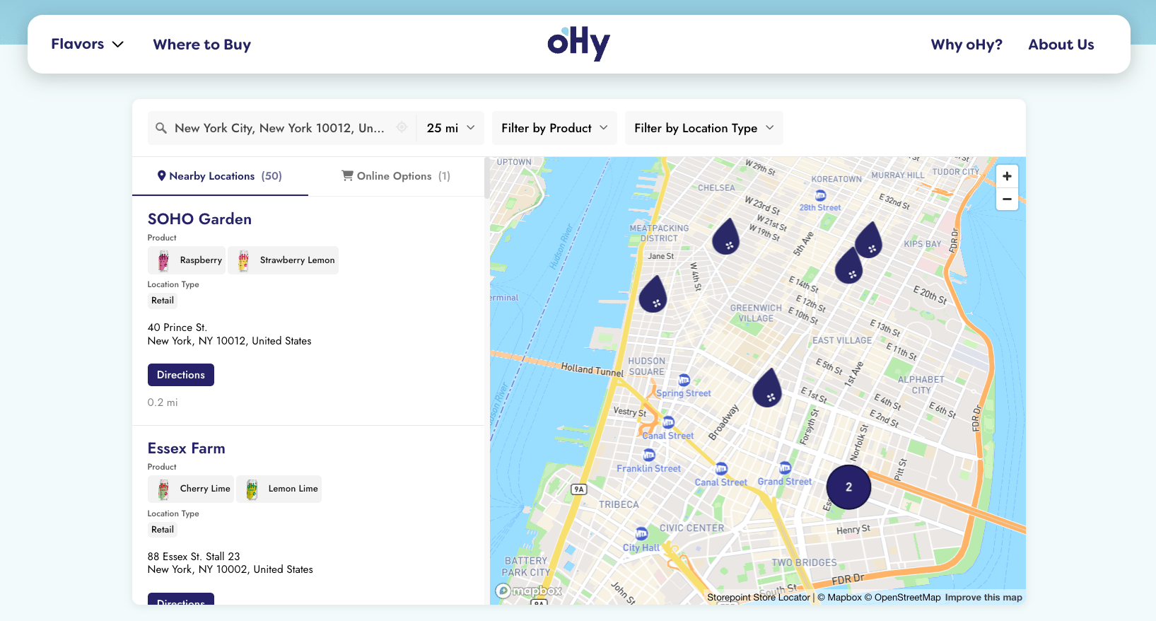 oHy’s product locator on Shopify, with flavor filters, nearby stockists and online options.
