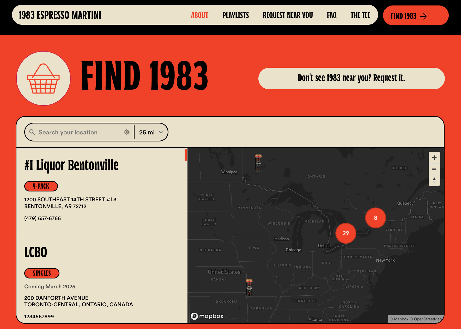1983 Espresso Martini store locator with vibrant orange backdrop, cream elements, and custom espresso martini can map markers