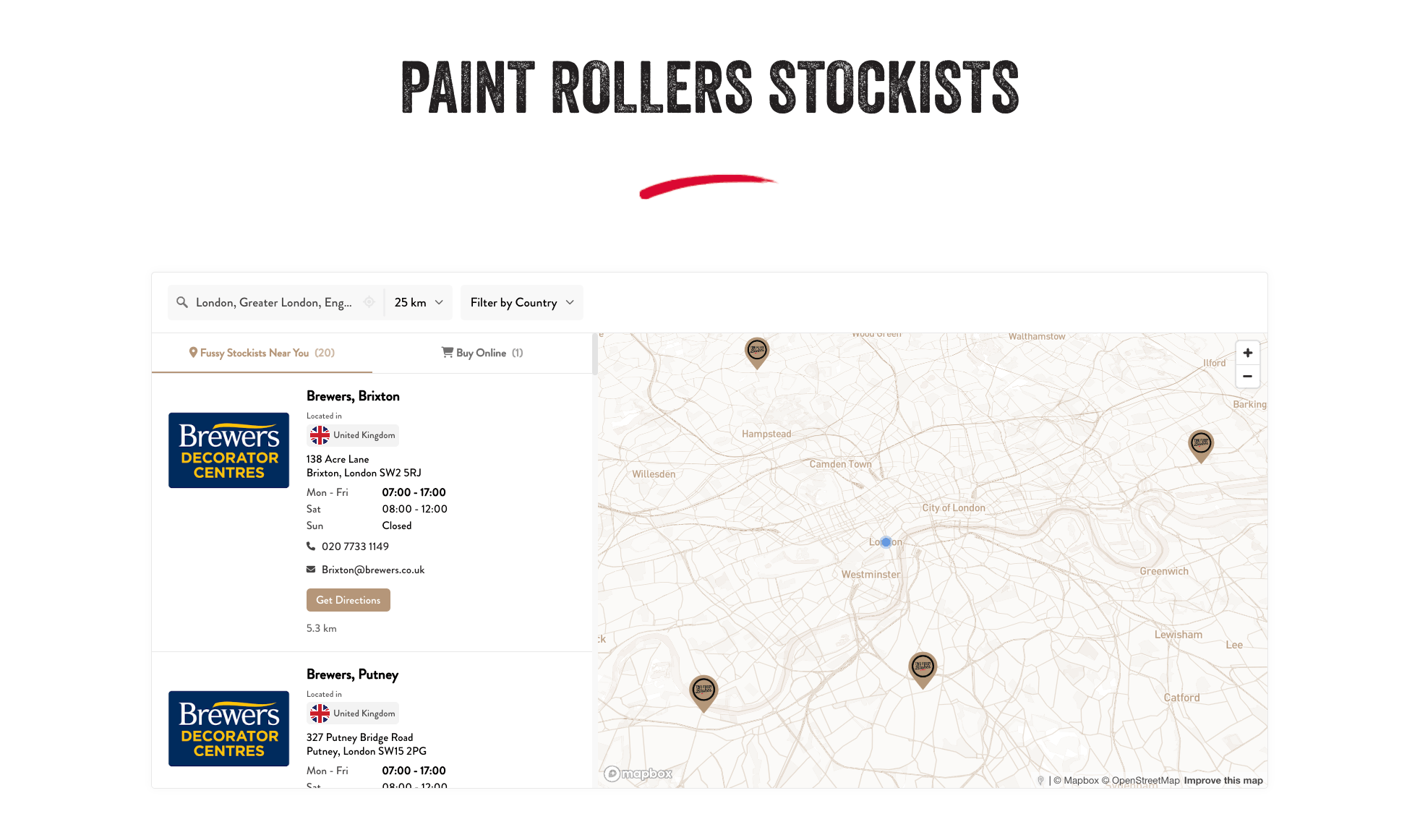 Two Fussy Blokes international stockist locator with marker clustering, country filtering, online stores tab, and custom logo markers