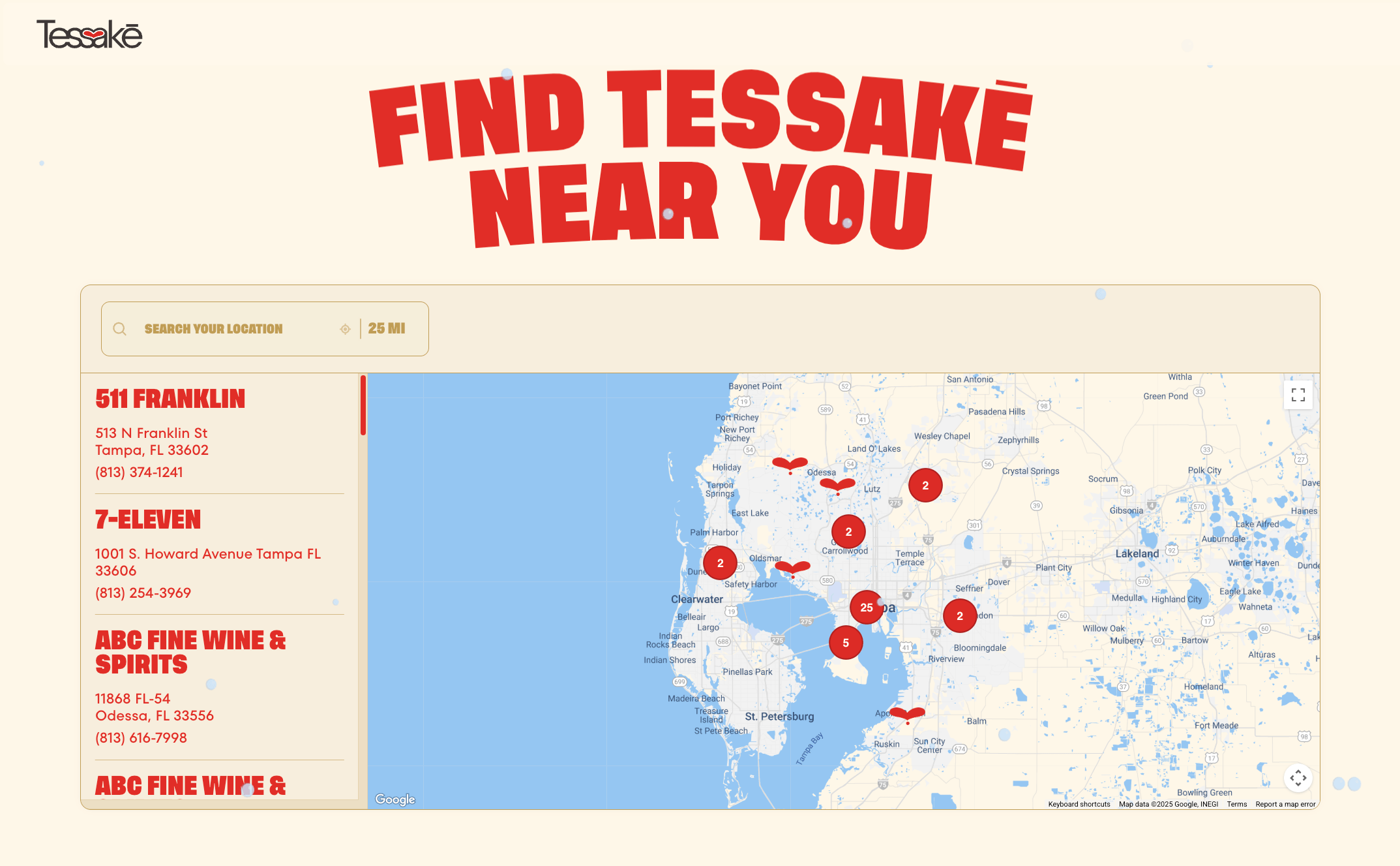 Tessake store locator with warm cream background, custom red drop markers, brand typography, and marker clustering