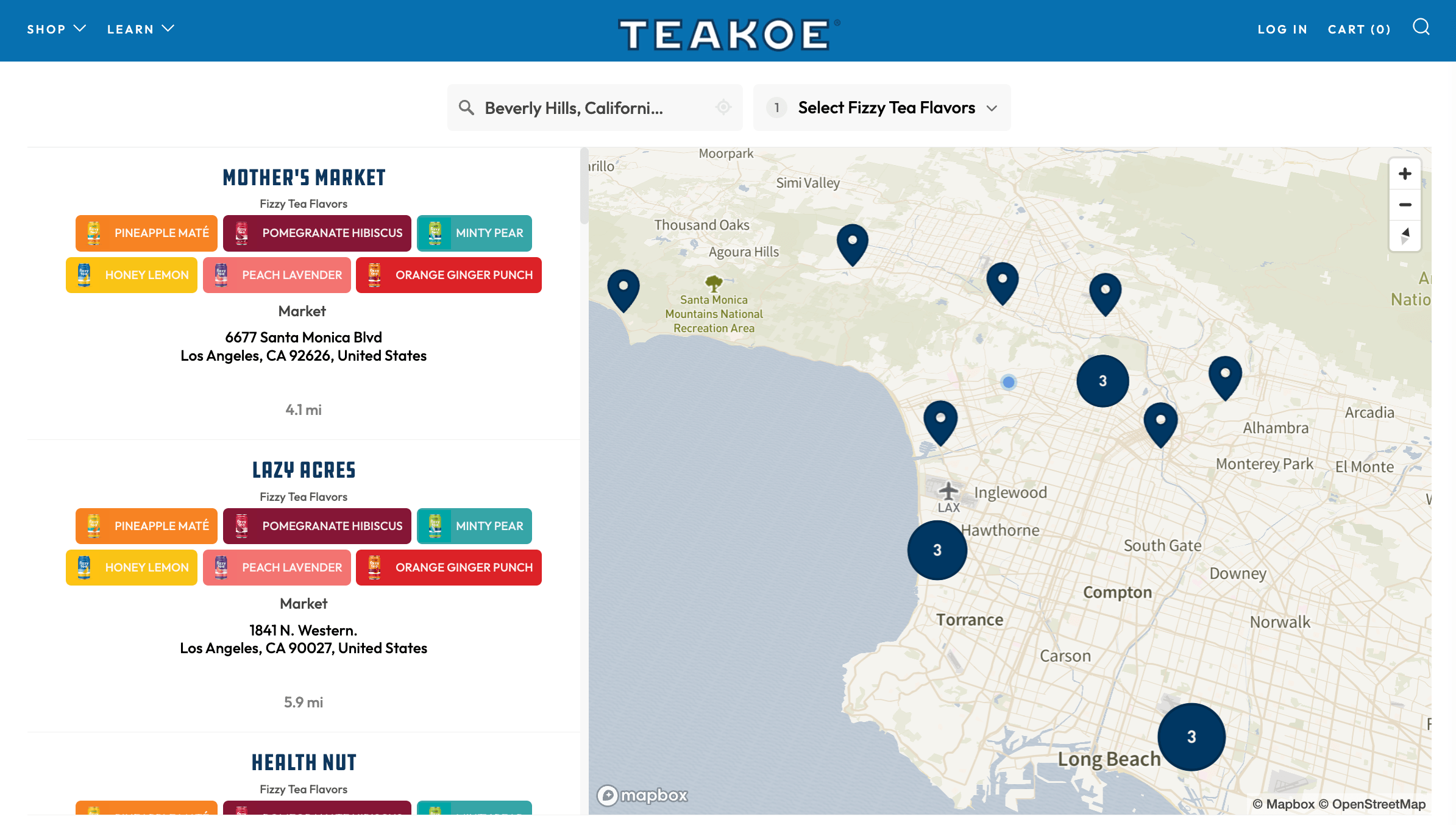 Teakoe Where to Buy locator with brand-matched design and color-coded tags matching tea packaging colors per location