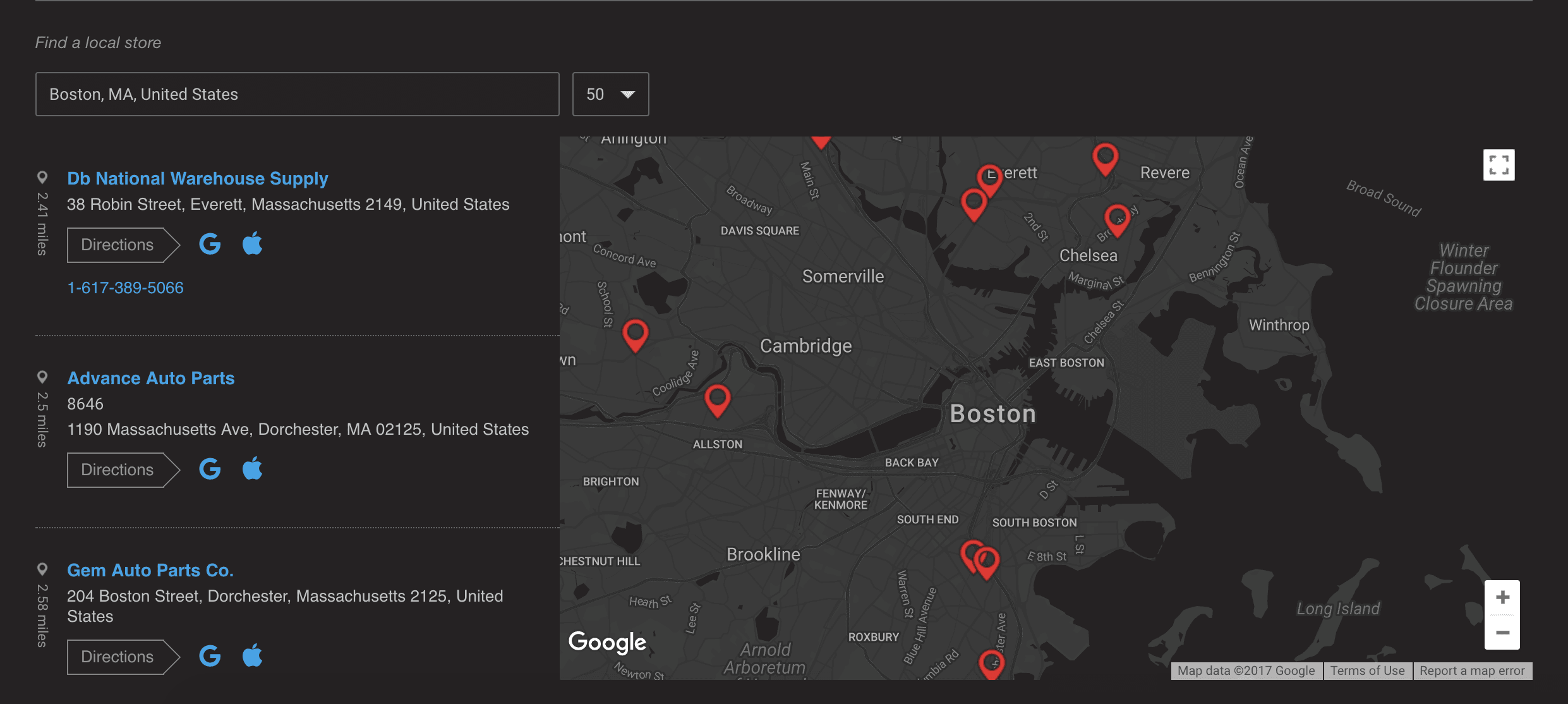 POR-15 dealer locator with dark theme, light blue accents, and custom directions that auto-detect Apple Maps or Google Maps