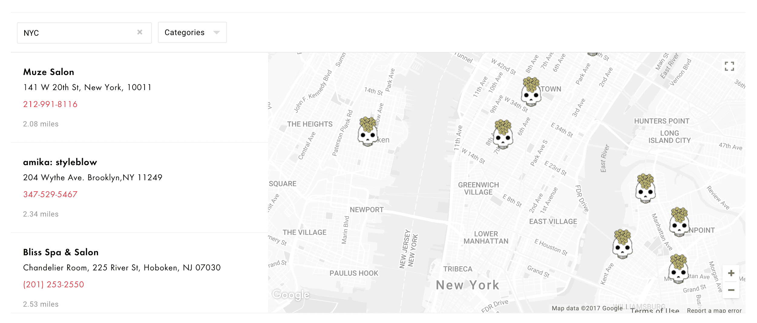 Amika salon locator with custom colors, tailored map theme, and branded icon markers consistent with the rest of the brand site