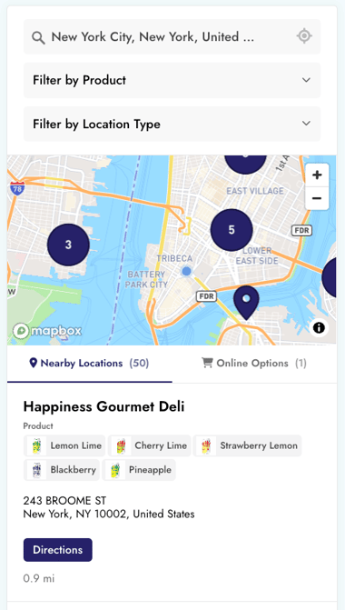 Responsive store locator plugin on a phone: a search box, two filters, a map of clustered stockists, then the nearest deli and what it stocks