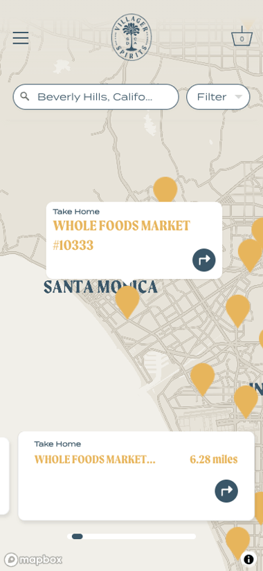 The same store locator on a phone: the map fills the screen, with search, a filter and the nearest store on a card