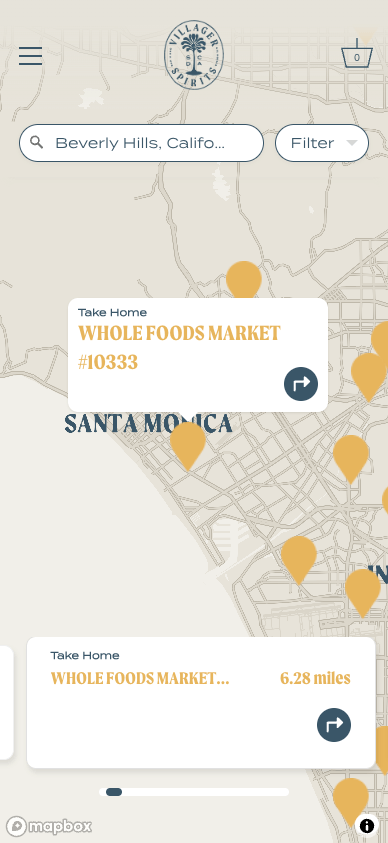 Villager Spirits mobile locator with brand-matched styling and location search