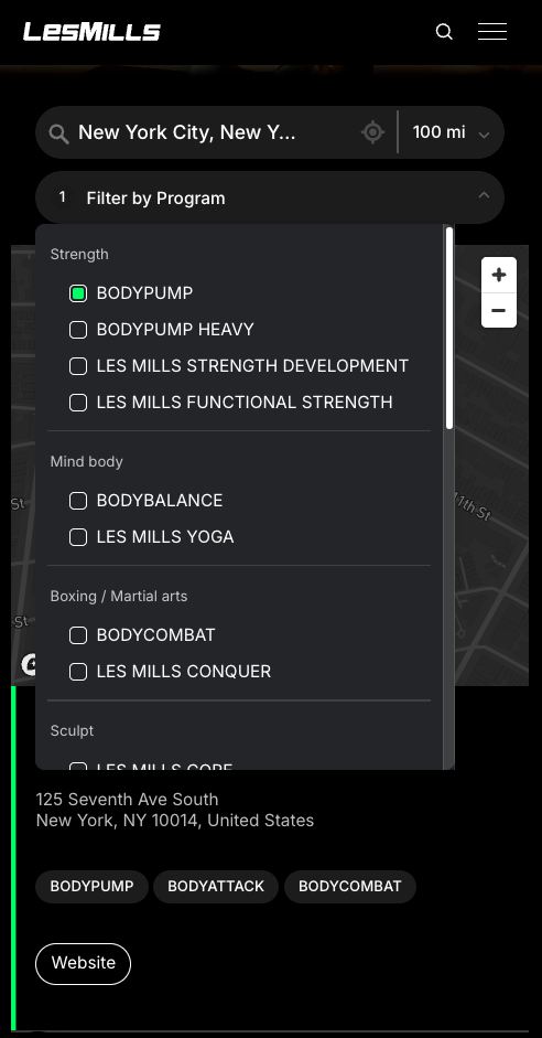 Les Mills mobile fitness class locator with program filtering