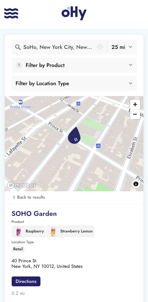 oHy mobile store locator showing responsive layout with product filtering