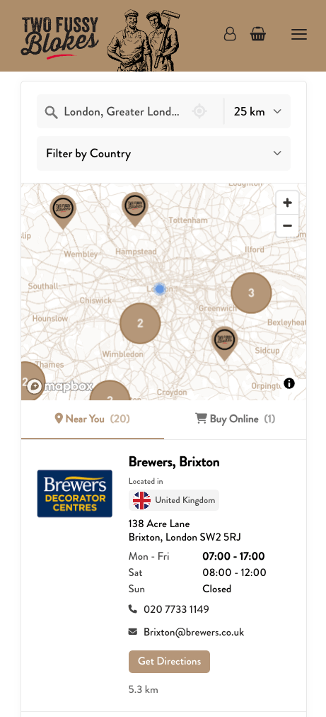 Two Fussy Blokes mobile stockist locator with responsive layout