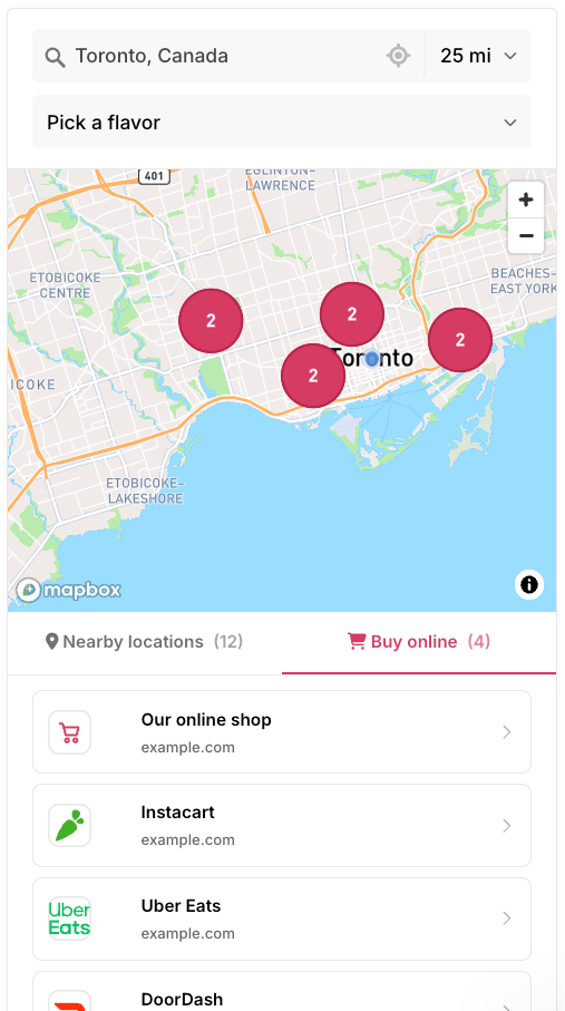 Storepoint demo on mobile with the Buy online tab selected, showing sample shop and delivery options with logos alongside nearby locations