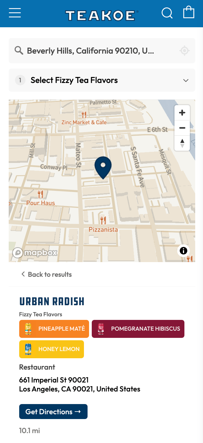 Teakoe’s locator on a phone, with flavor tags and a Get Directions button