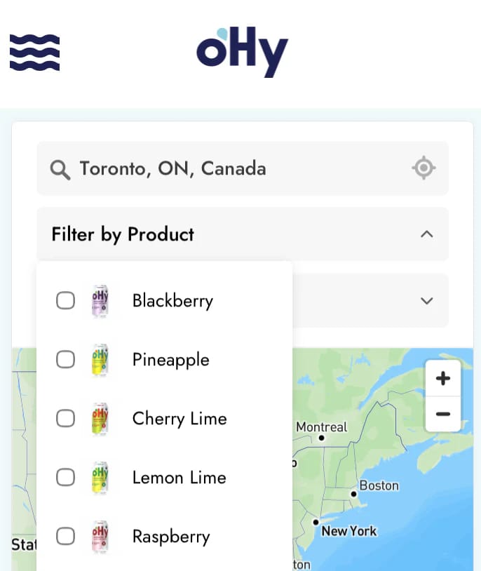 oHy product filter with drink photos beside Blackberry, Pineapple, Cherry Lime, Lemon Lime, and Raspberry.