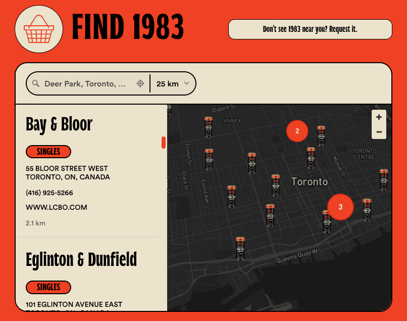 Custom locator design example for Shopify: 1983’s bold fonts, orange and cream colors, and can-shaped map pins