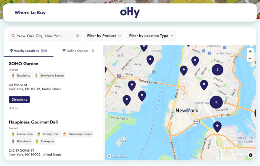 Stockist map on oHy's Where to Buy page, powered by Storepoint store locator software, with every nearby store listed beside the flavours it carries and a directions button