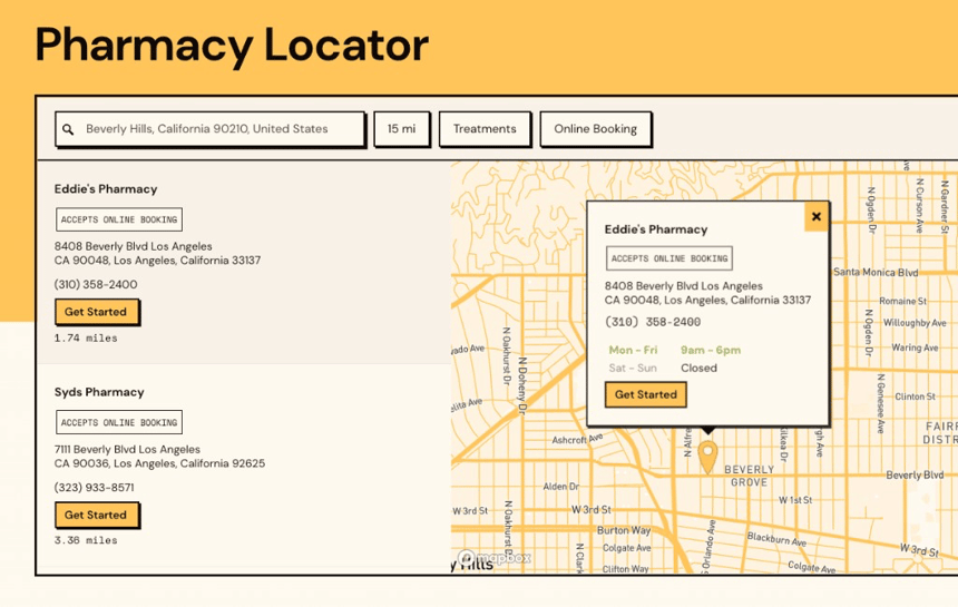 Store finder app used as a pharmacy locator on Scripted's pharmacy pages, styled in their amber brand, with treatment and booking filters above the results with booking buttons on each result item.