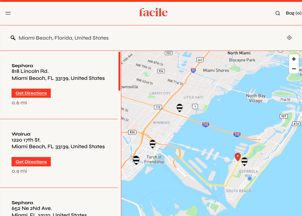 Store locator widget for Facile's skincare stockists: Sephora locations with striped custom markers in the brand's red
