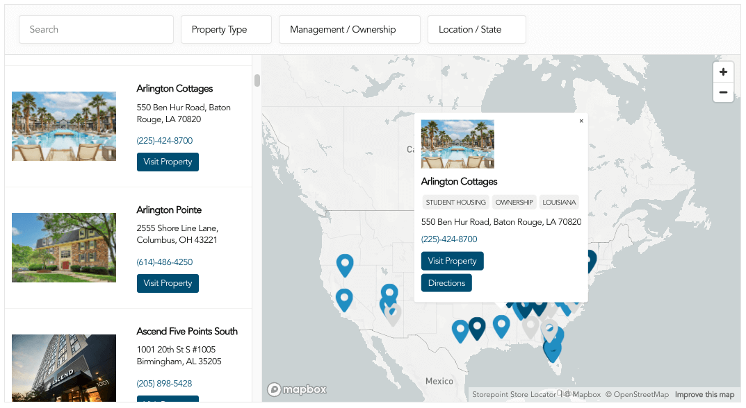 property / real estate locator map built with storepoint locator software