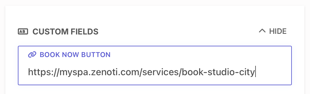 Screenshot of the location edit page showing the 'Book Now' button field