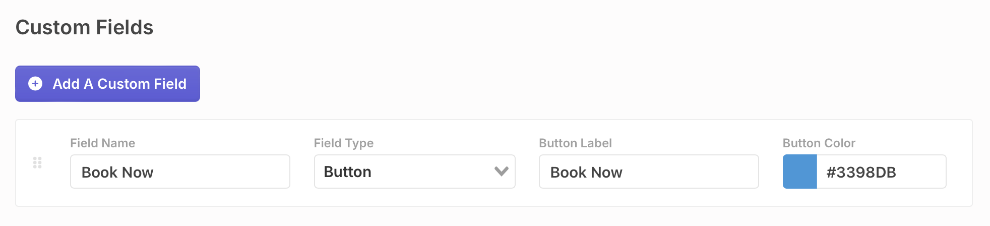 Custom fields UI screenshot showing 'Book Now' button