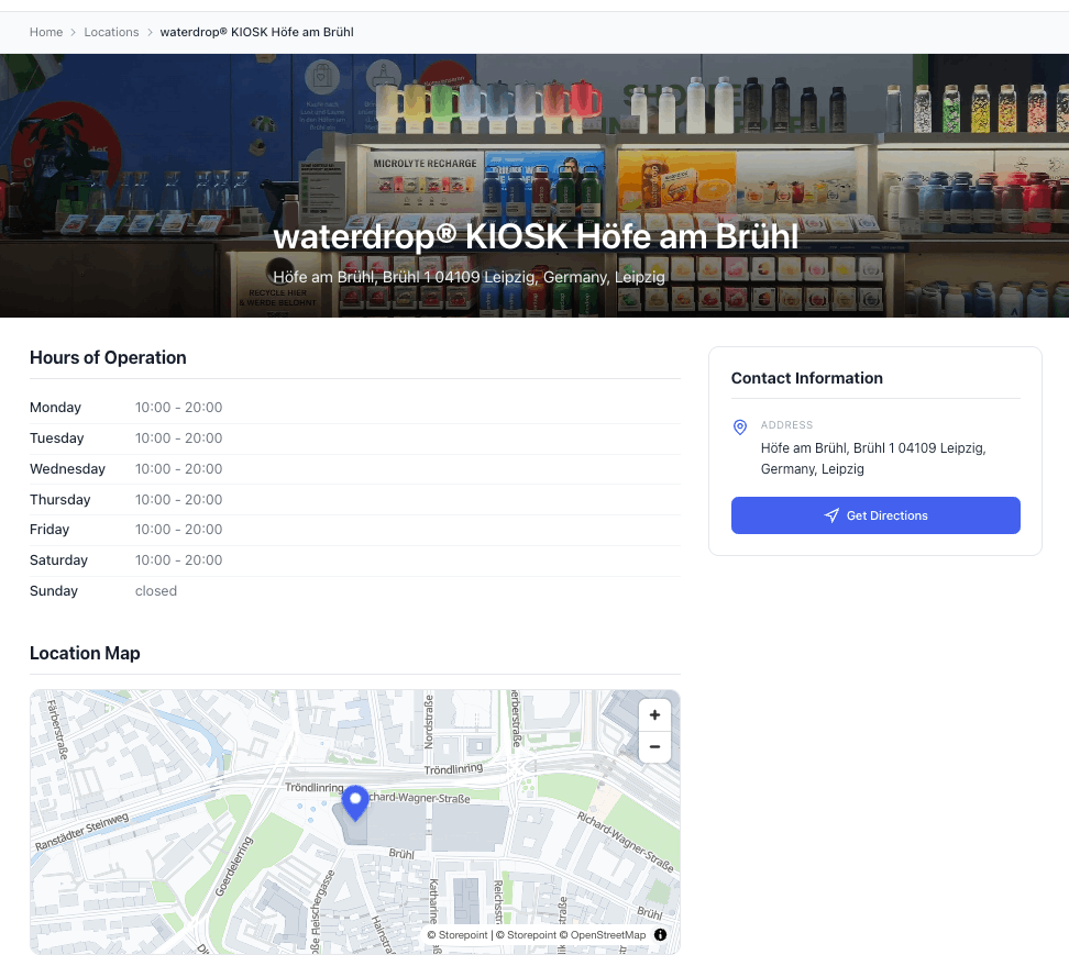 Storepoint location pages showing individual location pages with city and region indexes