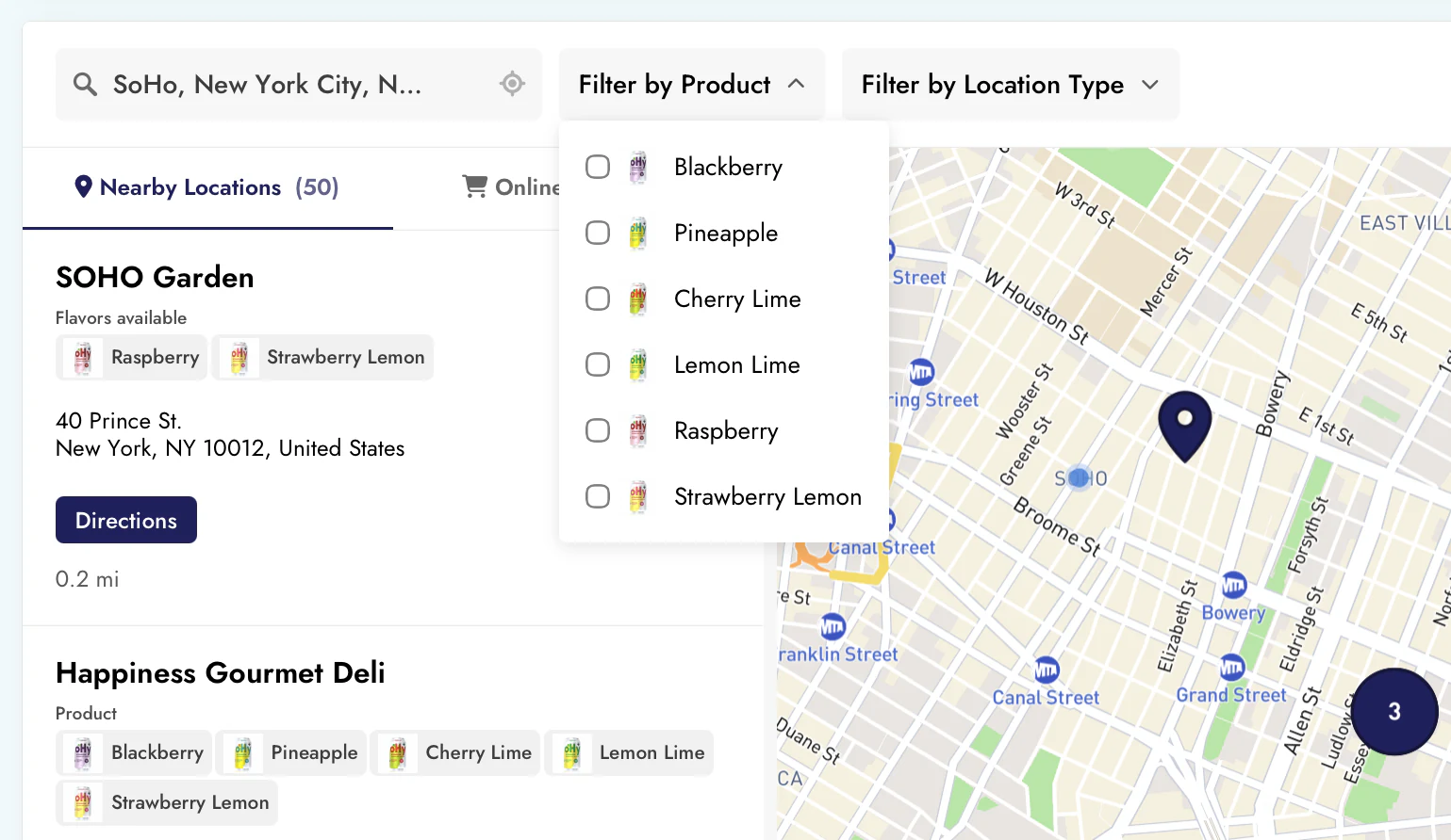 A product filter with drink photos beside each flavor, and location cards showing the flavors available at each store